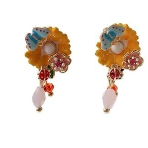 18K GP Enamel Flower & Butterfly Dangle Earrings